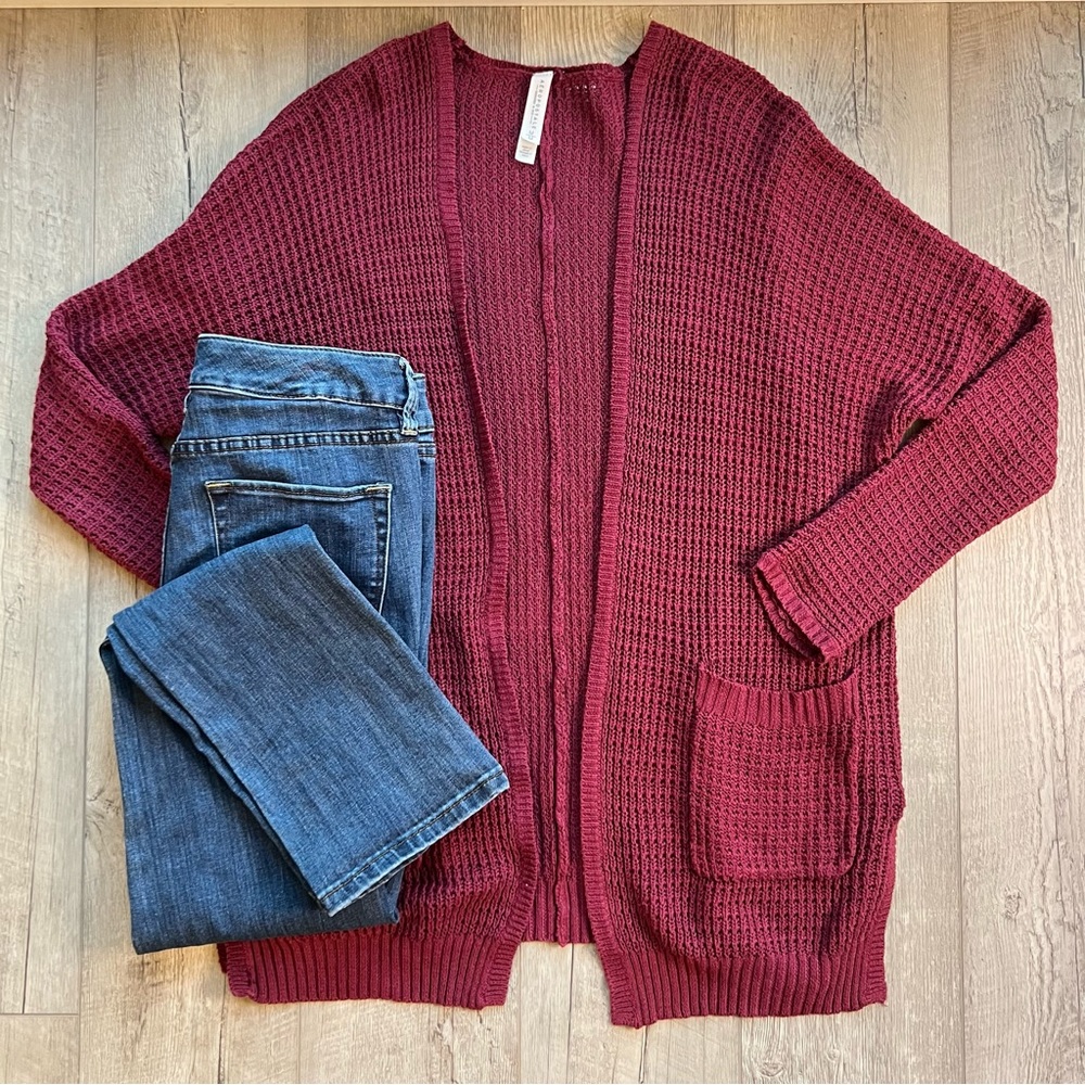 Aeropostale Oversized Open Front Burgundy Waffle Knit Cardigan Sweater | Size: M - Picture 3 of 12
